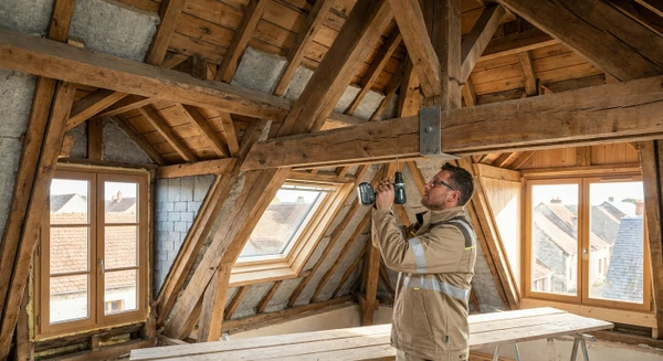 Artisan charpentier renforçant une structure de charpente dans un comble, travaillant sur des poutres en bois, à l'aide d'une perceuse et de vis de fixation pour consolider l'assemblage. L'image doit montrer un professionnel équipé de sécurité (gilet ou vêtement de travail) en action directe sur les éléments porteurs de la structure, dans un environnement d'intérieur de combles. La photo doit être prise à distance moyenne pour bien visualiser l'action technique et l'environnement du chantier.