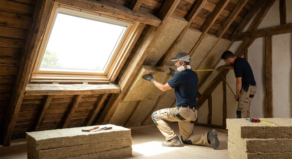 Artisan ou équipe d'ouvriers travaillant dans un comble aménagé partiellement achevé, en train de mettre en place des isolants biosourcés (panneaux de fibre de bois ou chanvre) sur les rampants de toiture, avec des outils à la main. L'environnement doit montrer un chantier en cours, avec la structure de charpente visible en arrière-plan, l'équipe portant des vêtements et équipements de travail professionnels. La scène illustre un travail spécialisé et sur mesure, adapté à la configuration unique du comble.